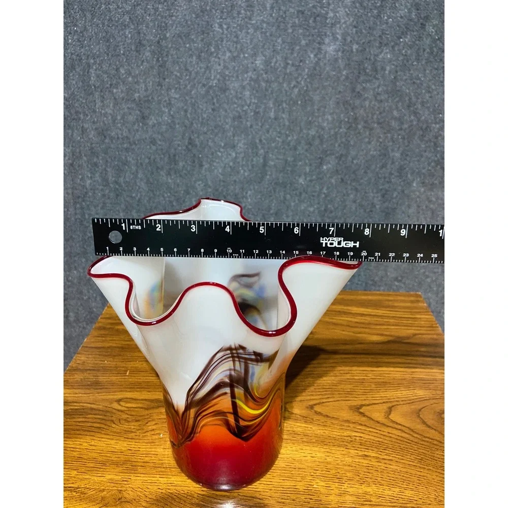 VTG Murano Style Hand Blown Cased Glass Handkerchief Vase Red White Multi Swirl‎